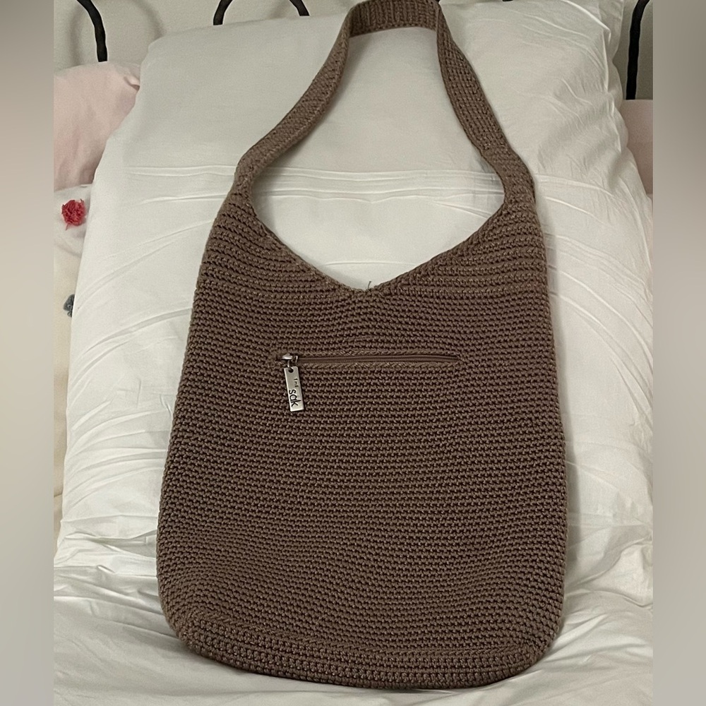 The Sak crochet bag, cross body, taupe color, zip pocket